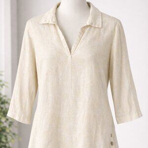 Tahari 100% Linen Blouse Size 1X Cream Lightweight Collared Top Boho Minimalist